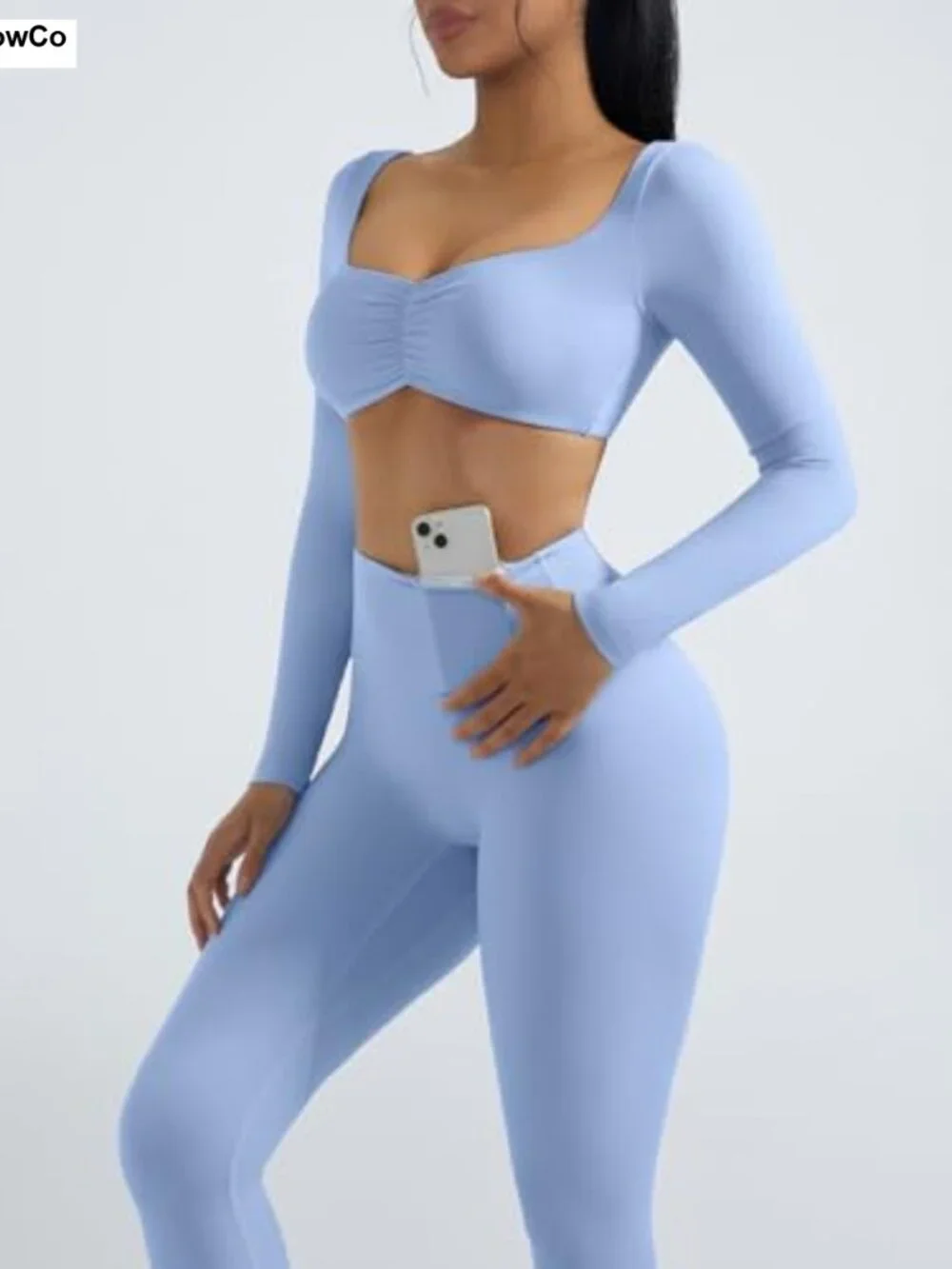 2 Piece Workout Set Long Sleeve Padded Sports Bra High Waisted Leggings with